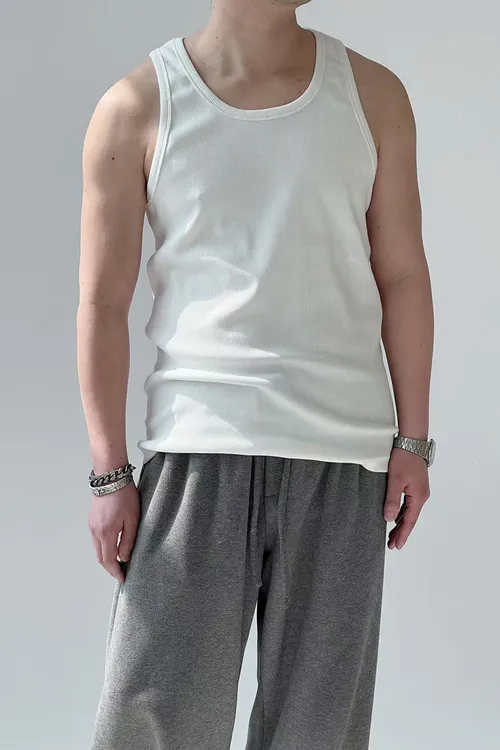 夏季美式重磅背心男螺纹宽松坎肩健身老头打底衫白色无袖t恤纯棉