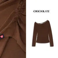 it：CHOCOOLATE撞色领斜肩褶皱长袖针织衫CCLKNXKL02830