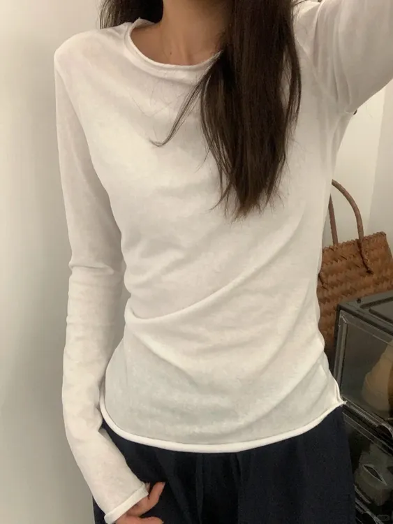 白色打底衫女薄款夏季防晒罩衫chic卷边松弛感长袖T恤内搭上衣