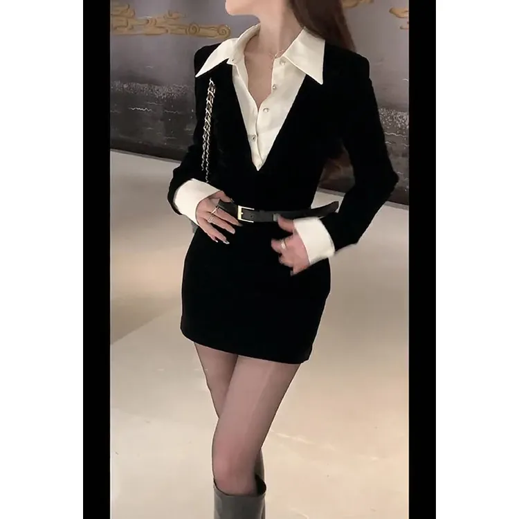 假两件气质衬衫连衣裙女春季短裙黑色赫本风法式收腰气质包臀裙子