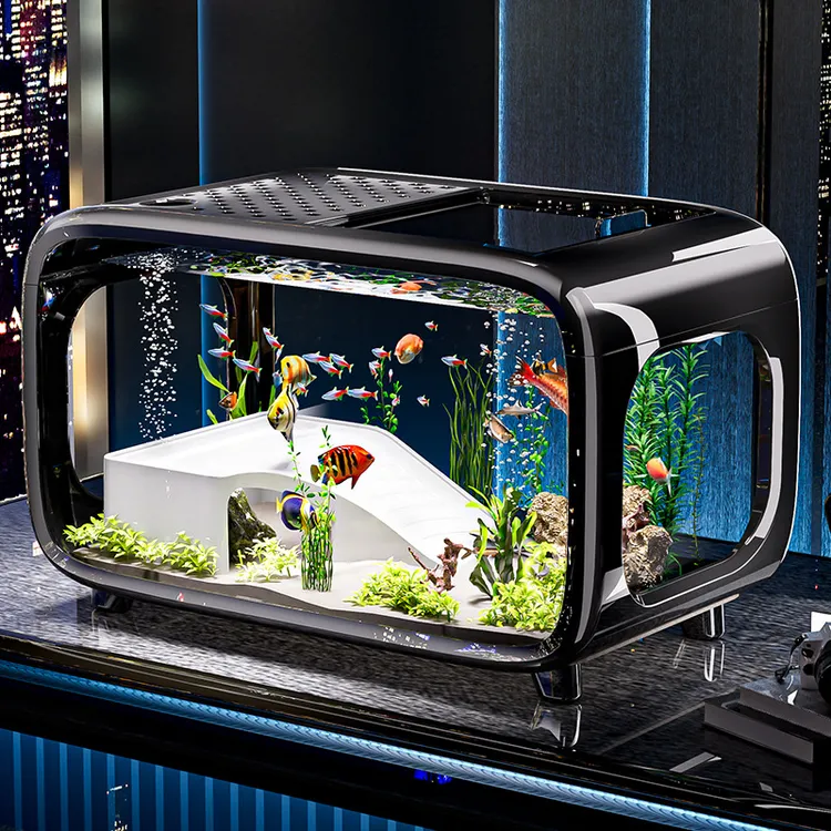 轻奢鱼缸简约高级带盖透明大号客厅造景生态缸玄关装饰家具水族箱