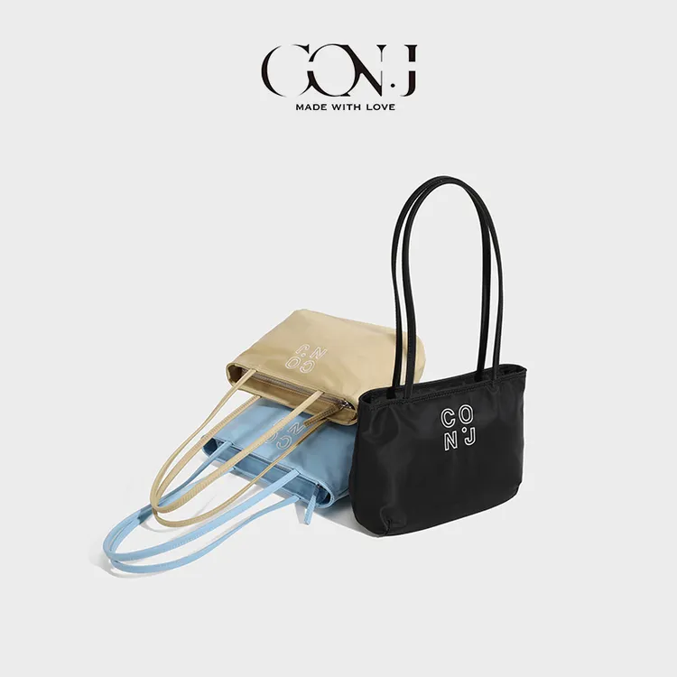 CON.J【小蛮腰】韩版夏季纯色ins简约休闲刺绣拉链小众布包单肩包
