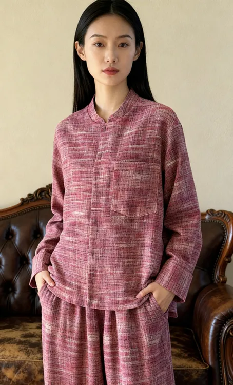 老料重磅柞蚕丝难得一见的编织风格，面料制作难度大，衬衫外套长裤