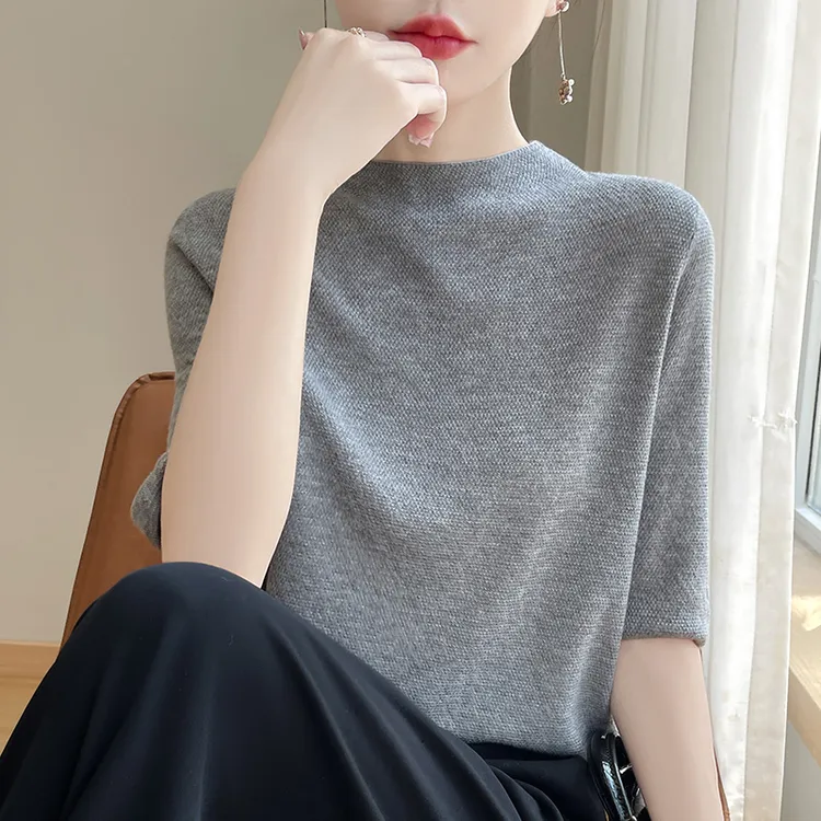 新款半高领针织短袖T恤女薄款半袖气质百搭宽松中袖打底衫上衣夏