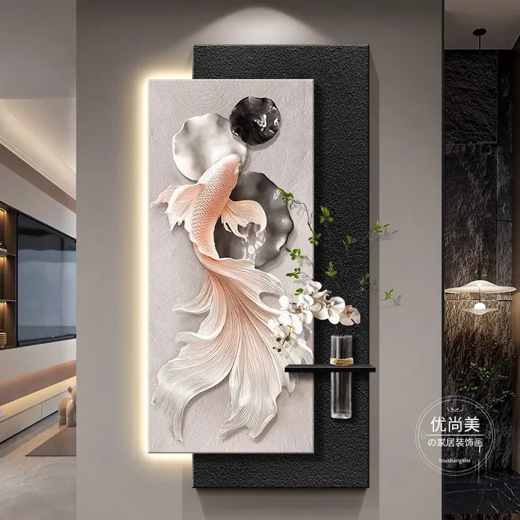 锦鲤玄关装饰画轻奢高级感走廊尽头挂画寓意好入户进门过道壁画