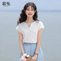 慕兔白色v领正肩短袖t恤女2025夏季新款小个子显瘦设计感小众上衣