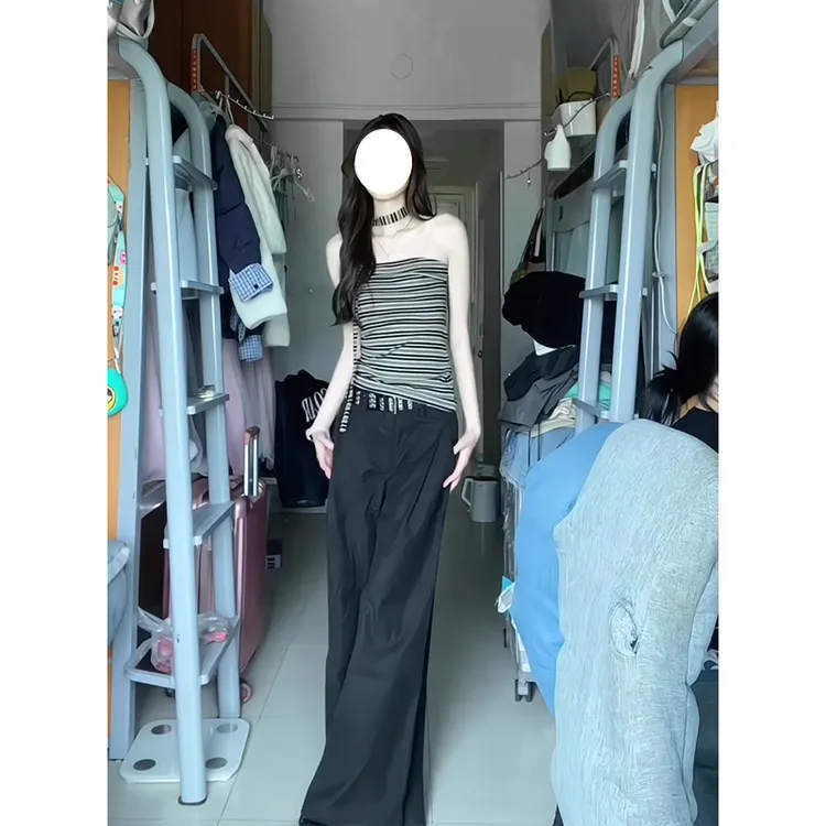 韩系辣妹小众设计感条纹抹胸修身上衣高腰宽松裤子女套装
