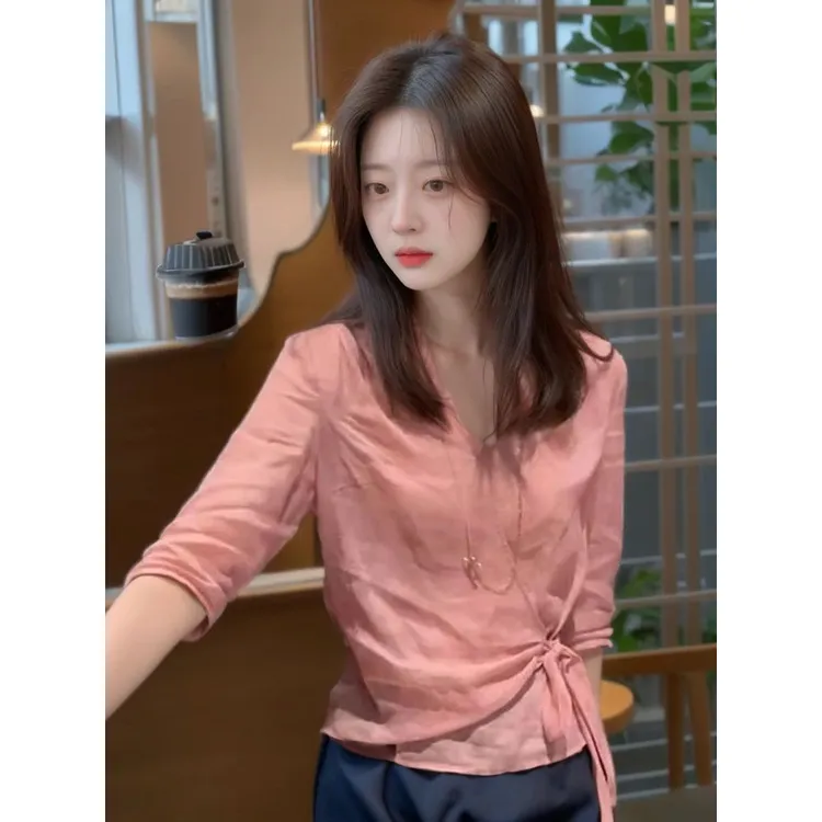 洋气衣服女夏季法式轻奢高级感衬衣女2024高端欧货洋气独特绝美粉