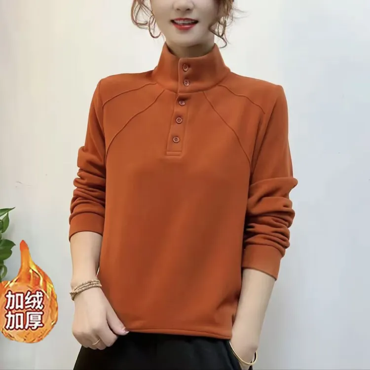 长袖半高领秋冬女士方领卫衣加绒加厚款拼接保暖拼色打底衫