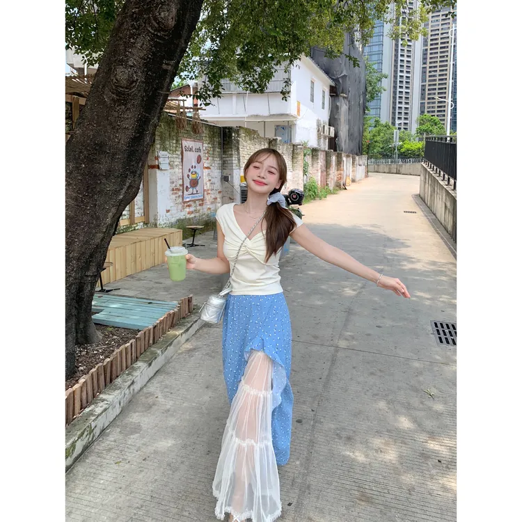 切糕自制【海边浪花】小个子夏季高腰慵懒风通勤小众纯欲拼接半身裙