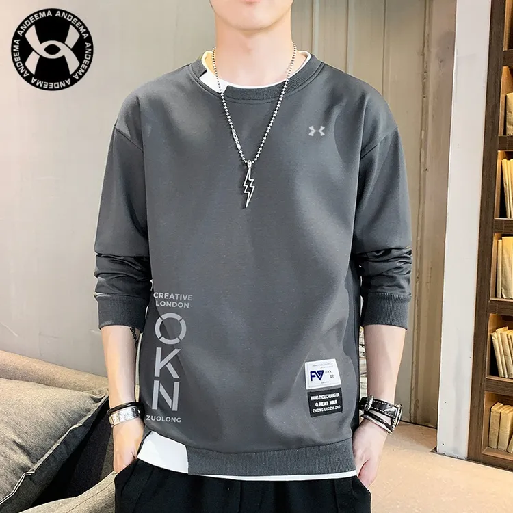 新款春秋季男士休闲宽松时尚卫衣T恤男装透气百搭圆领帅气长袖