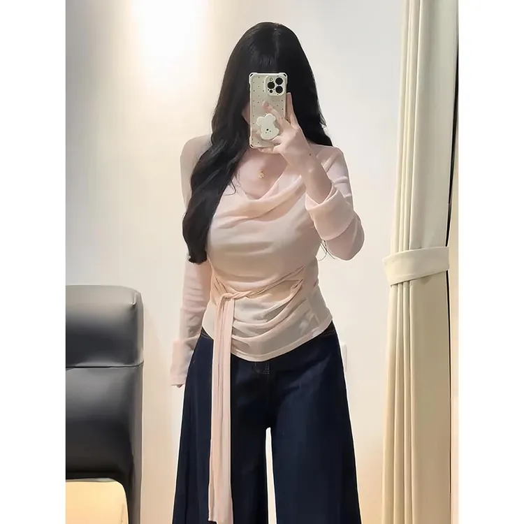 大码设计感荡领长袖T恤女秋冬胖mm显瘦绑带纯欲风打底衫内搭上衣