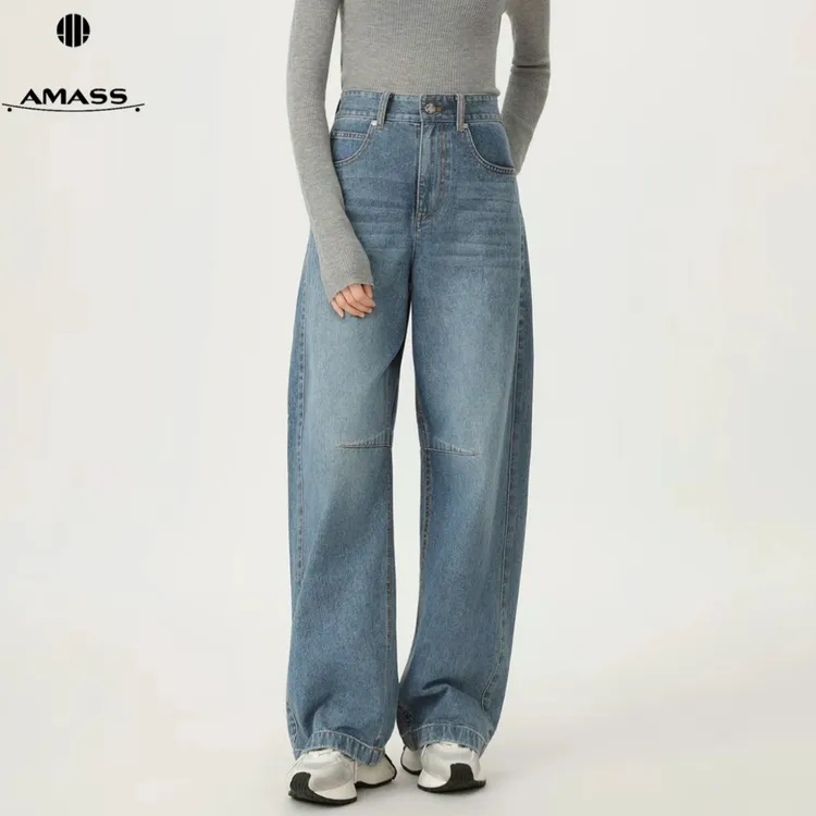 AMASS/阿玛施新款高腰百搭水蓝色美式休闲复古小弯刀牛仔裤510077