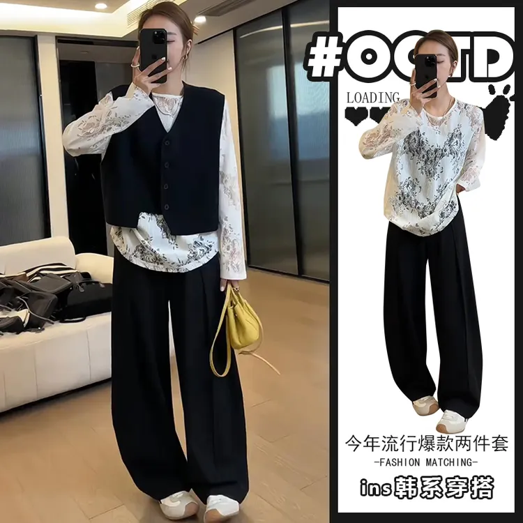 网红炸街套装女春夏新款白色印花上衣无袖马甲宽松显瘦裤子三件套