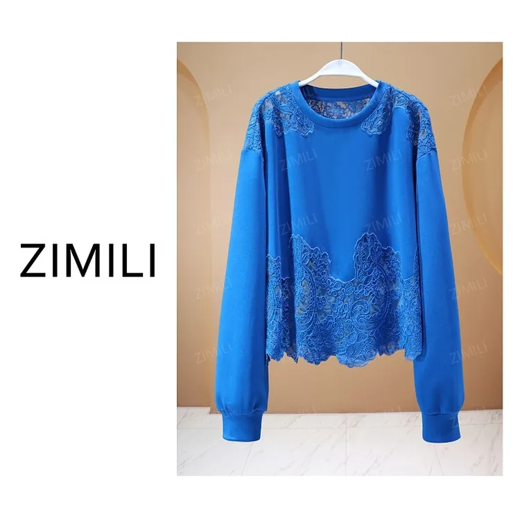 【亮哥女装】2025秋冬新品蔚蓝拼接勾花网纱百搭气质卫衣10071-A2