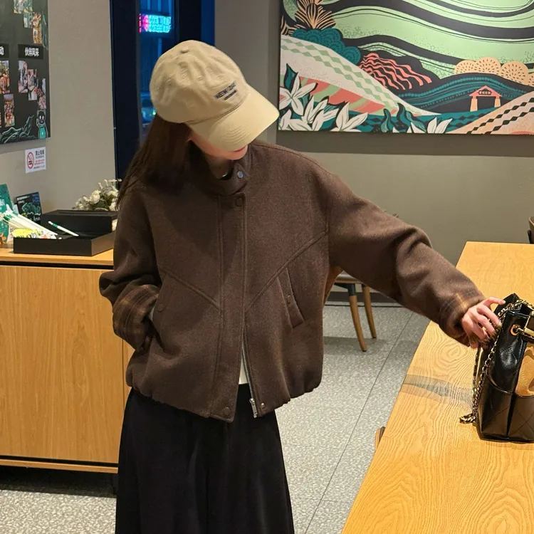 【落秋】马克华菲秋冬季复古立领羊毛呢料港风拉链外套F54010A502