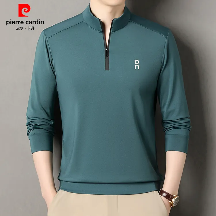 皮尔卡丹高级感男装卫衣T恤半高领拉链卫衣2025秋冬运动长袖t恤衫