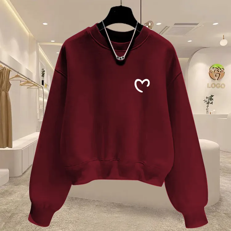 圆领套头短款卫衣女加绒加厚秋冬红色上衣高腰显瘦小个子春秋薄款