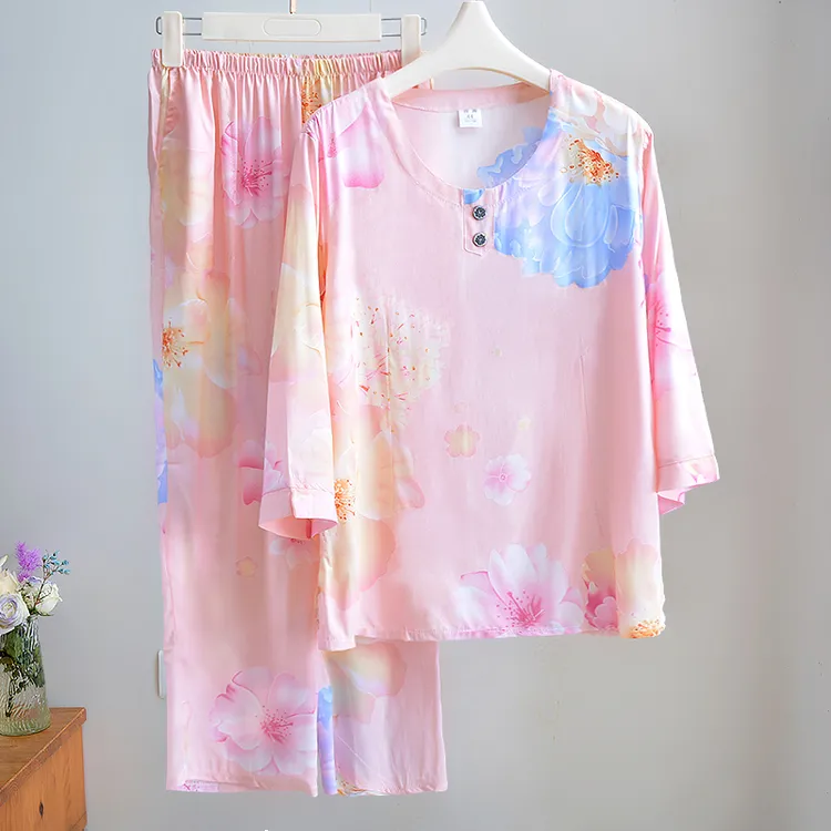 棉绸女夏季睡衣家居服两件套超仙爆款居家圆领薄款绵绸印花套装