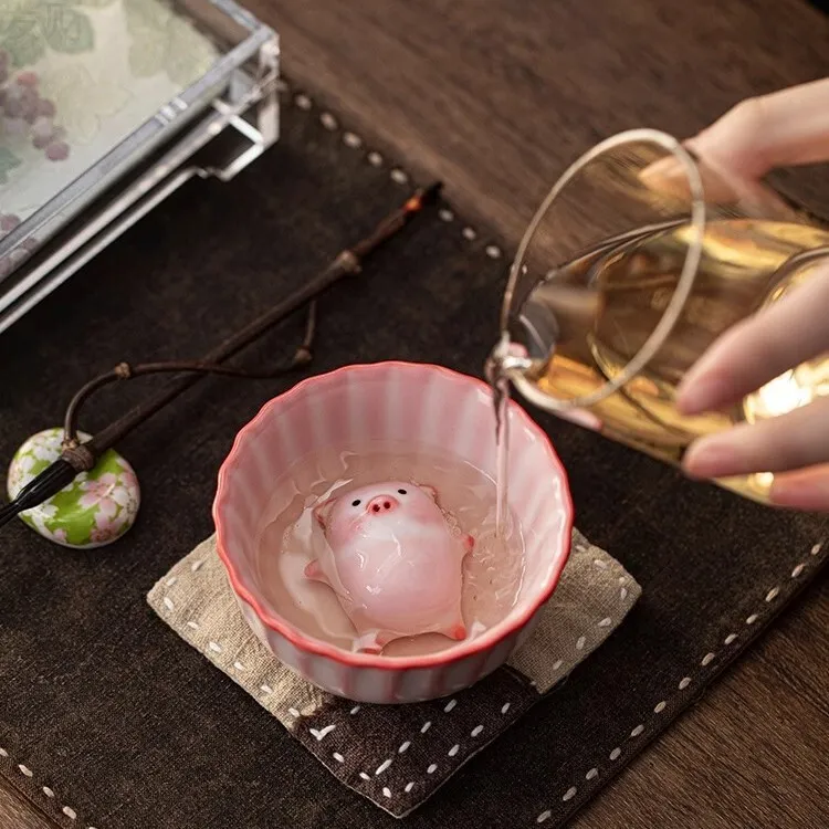 猪油冻躺猪会吐泡泡汝窑茶杯主人杯品茗杯个人专用源工厂直发茶宠