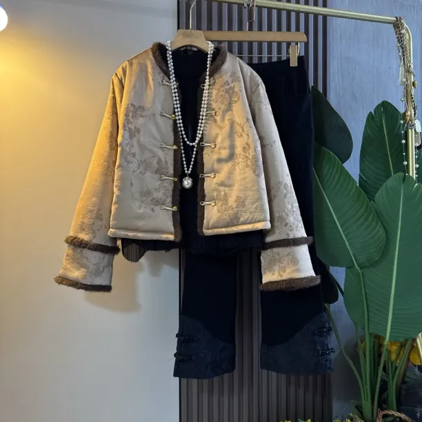 新中式冬季盘扣夹棉外套大码女装时尚复古轻奢保暖国风棉服上衣