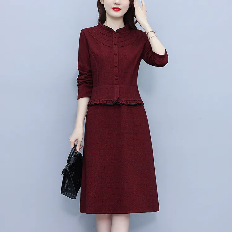 安可拉红加厚小香风连衣裙女秋冬2025新款妈妈气质假两件打底裙子