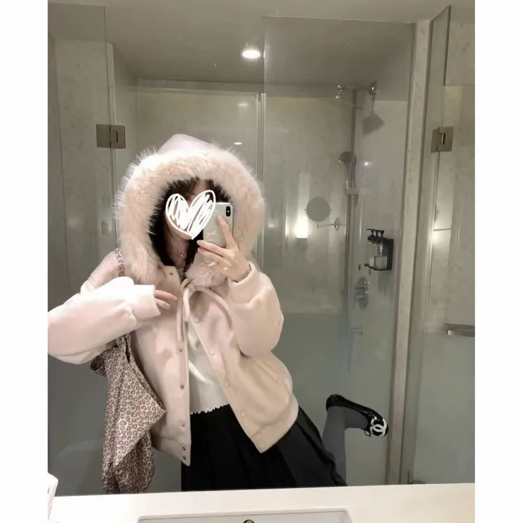 女加绒短外套单排扣斗篷冬季厚款连帽开衫外套保暖