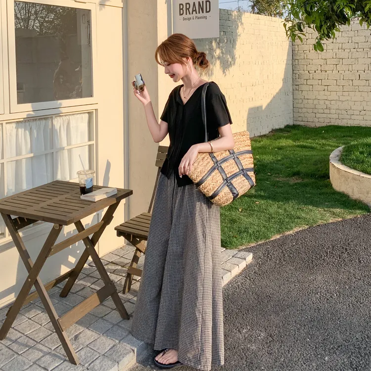 优雅气质套装裤夏季女2025新款松弛感显瘦黑色T恤格子阔腿裙裤潮