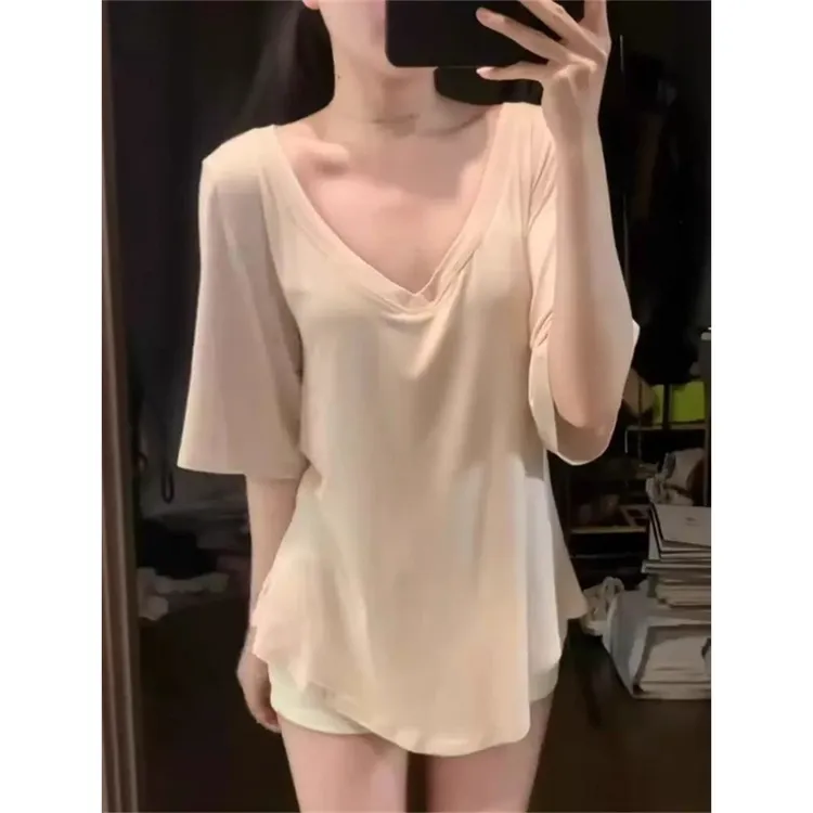 2025新款中长款v领短袖T恤女夏薄款辣妹百搭宽松大领口五分睡衣女