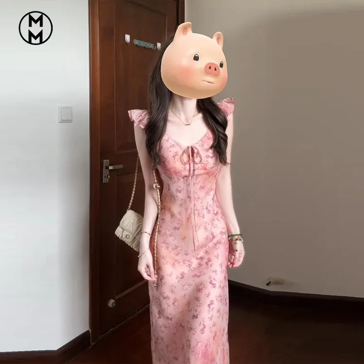 MM法式复古粉色飞飞袖碎花连衣裙子女装夏季新款海边度假风长裙