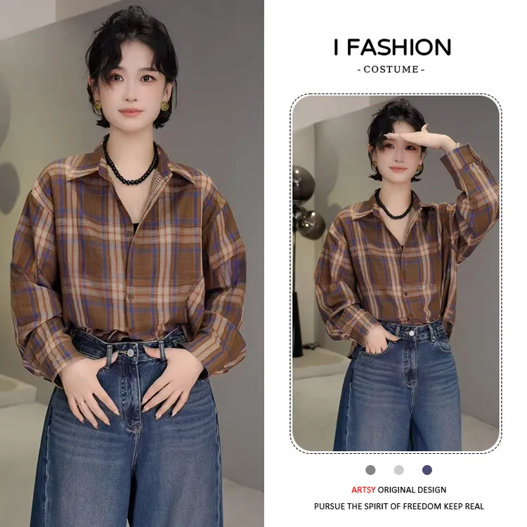 2025年春秋新款休闲撞色长袖衬衫女不规则遮肉条纹格子翻领上衣