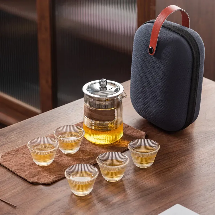 玻璃旅行茶具户外露营装备便携包日式简约快客杯一壶四杯