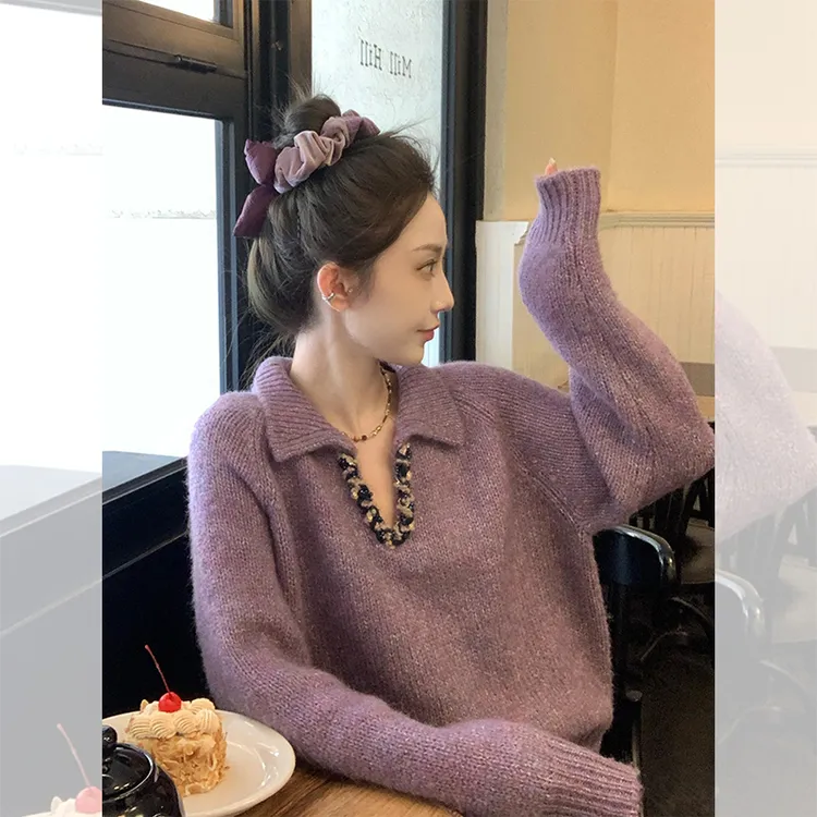 复古高级感软糯提花圆领毛衣外套女秋冬慵懒风牛角扣针织开衫上衣