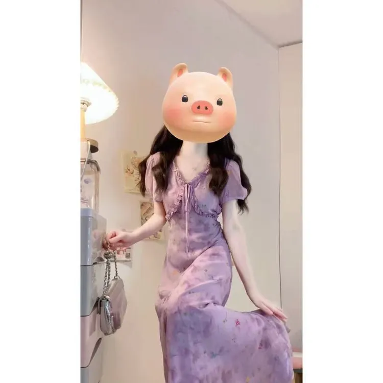 大码【野趣蔷薇】夏季新款晕染蔷薇少女V领法式收腰显瘦连衣裙长裙