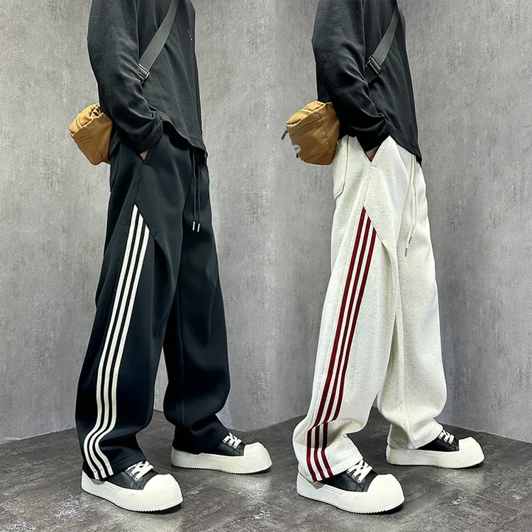 美式潮牌撞色三条杠运动卫裤男款秋冬季加绒直筒宽松条纹休闲裤子