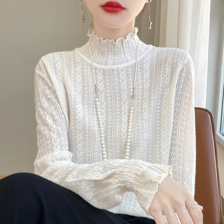 秋冬新款时尚甜美木耳边蕾丝半高领精纺长袖打底针织衫上衣小衫