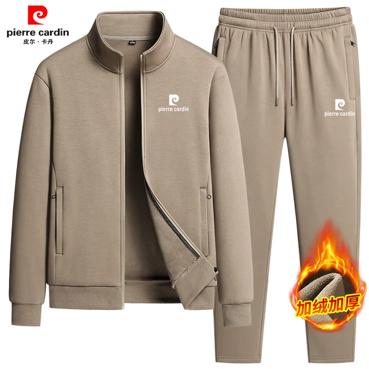 皮尔卡丹纯棉加绒加厚中老年男士立领运动套装宽松保暖休闲两件套