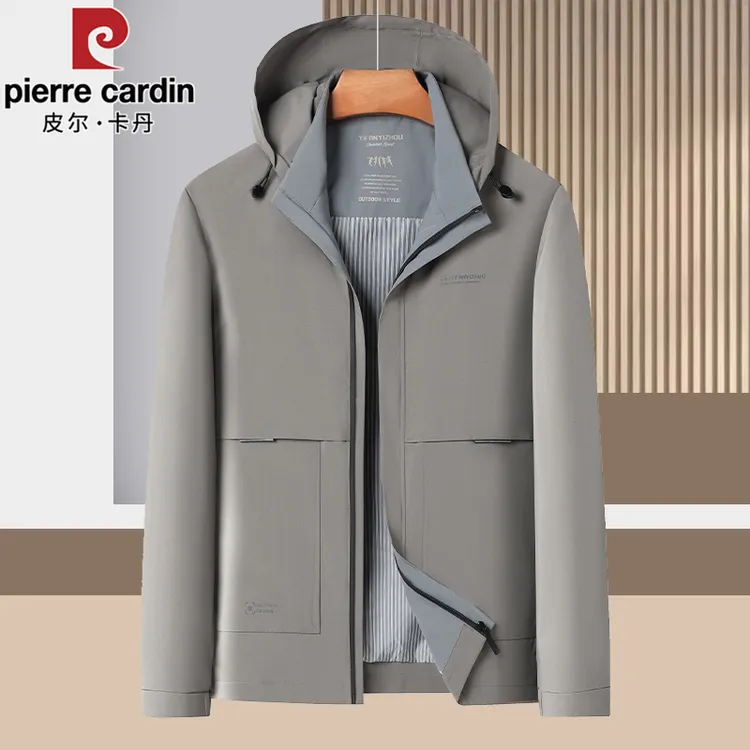 皮尔卡丹可拆卸帽春秋季新款男士商务休闲夹克外套男薄款中年茄克