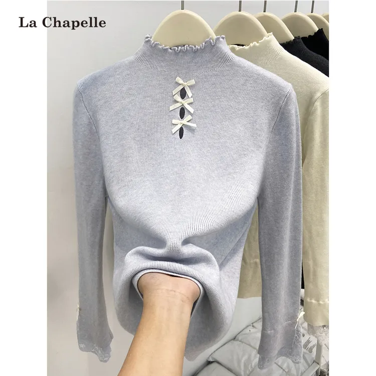 拉夏贝尔半高领蕾丝打底衫女内搭毛衣2026冬季穿搭木耳边针织上衣