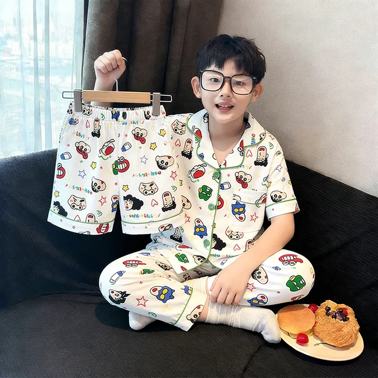 蜡笔小新三件套男童睡衣夏季天薄款短袖儿童青少年卡通家居服外穿