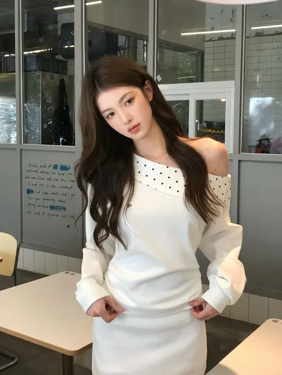 韩版斜领露肩刺绣波点长袖卫衣女秋冬穿搭纯欲甜辣妹显瘦遮肉上衣