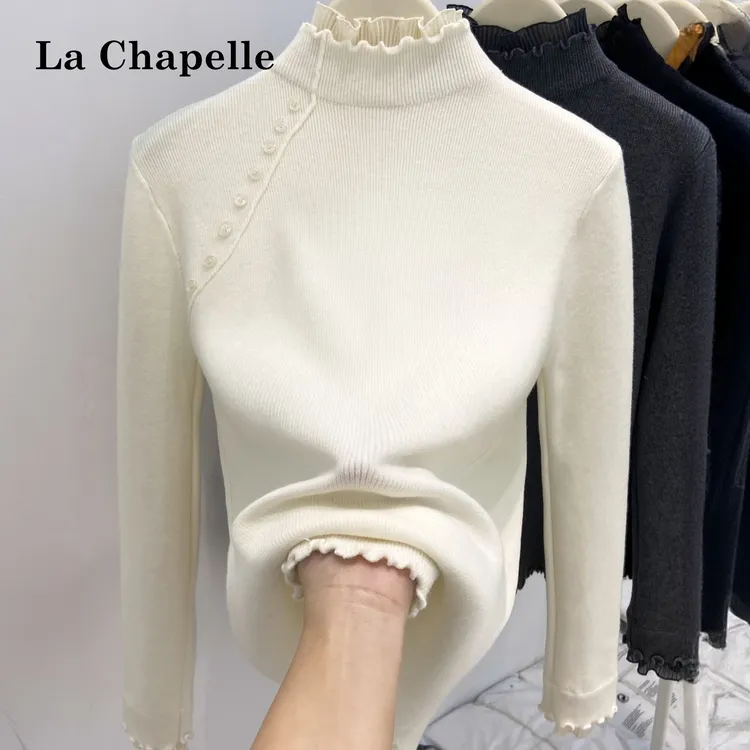 拉夏贝尔法式木耳边半高领针织毛衣女秋冬时尚气质修身内搭打底衣