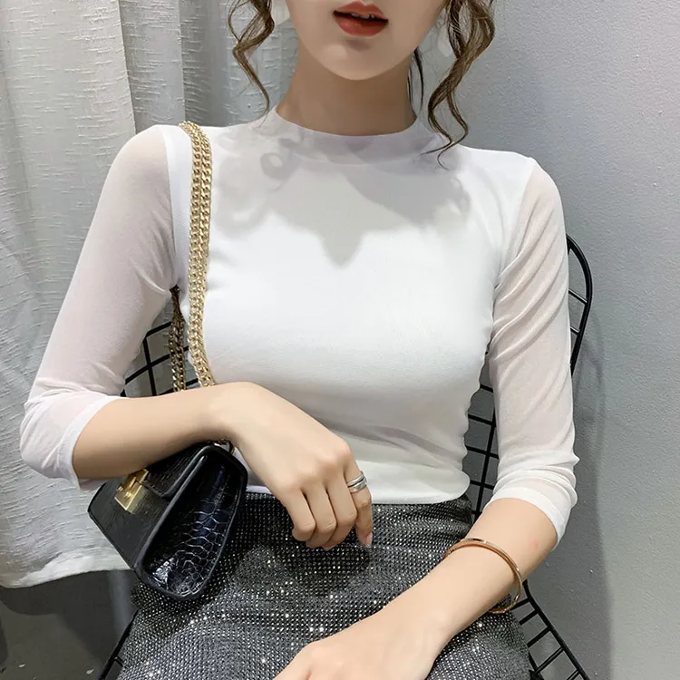 七分袖t恤网纱打底衫春夏新款百搭修身显瘦圆领女士时髦打底衫
