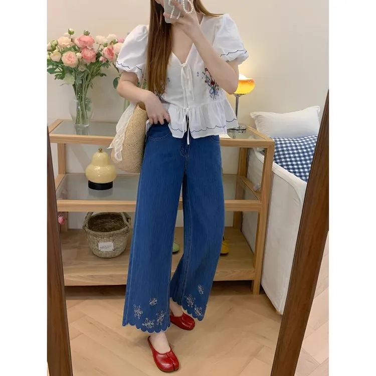 夏季薄款莱赛尔花朵镂空直筒牛仔裤女大码胖mm梨型身材宽松阔腿裤