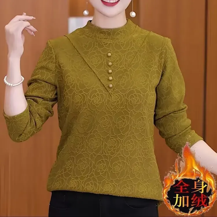 加绒加厚五扣提花一体绒圆领长袖冬季女士打底衫