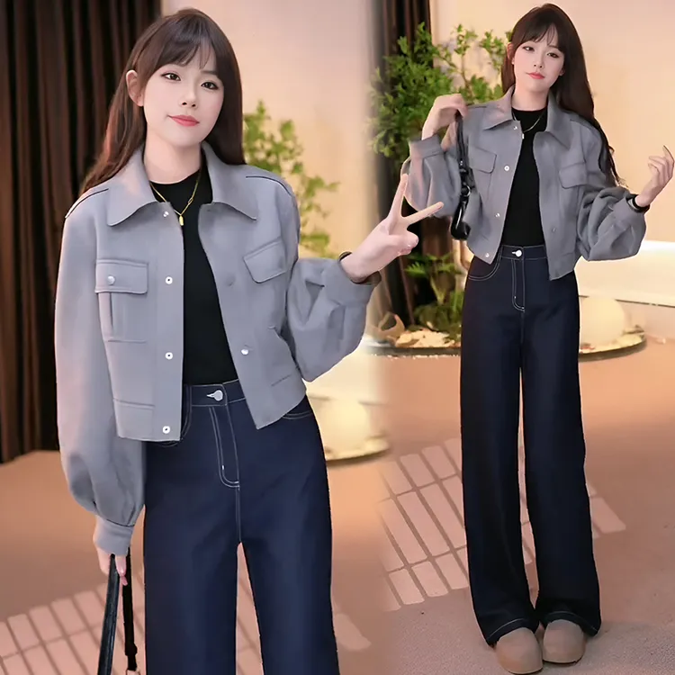 韩版洋气设计感小个子翻领外套女2025女款韩版韩版复古宽松外套