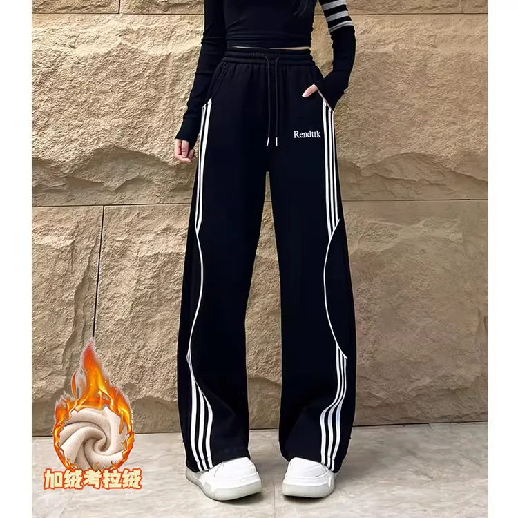 新款考拉绒加绒加厚阔腿裤女2025冬季撞色条纹时尚字母保暖休闲裤