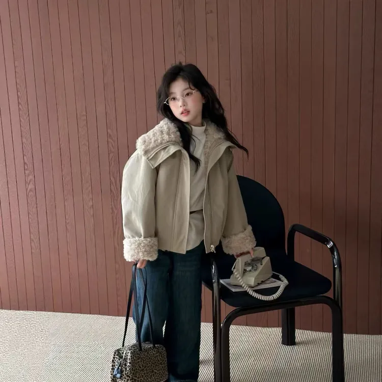 韩版童装冬季新款女童潮酷毛毛翻领拼接休闲夹棉保暖派克棉服外套