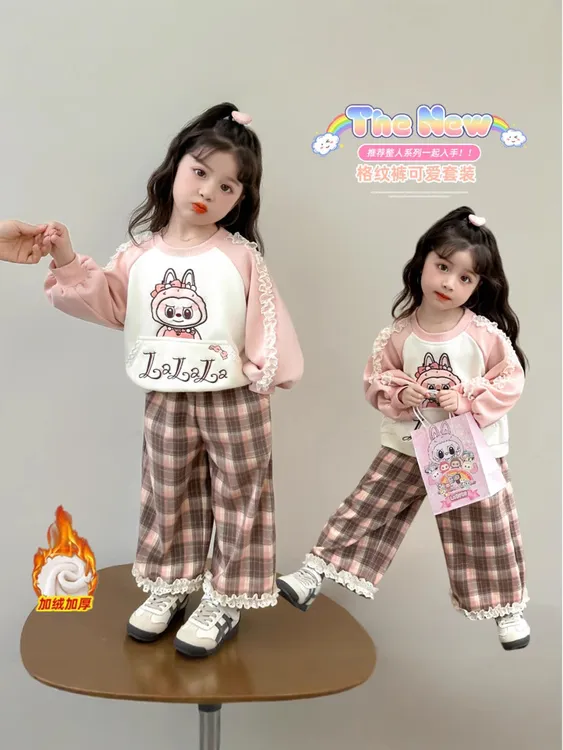 女童冬季加绒加厚卫衣套装拉布布阔腿裤两件套2025新款可爱宝宝