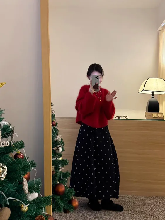 法式宽松慵懒风针织上衣秋冬新款圣诞新年红色毛衣半身裙两件套装